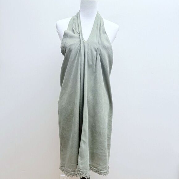 NWT Easel Linen Blend Olive Green Halter Sundress Fringed Hem Women’s Medium - Picture 1 of 10